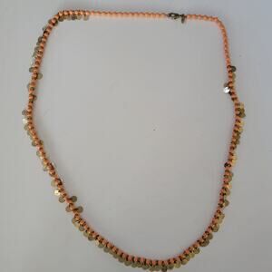 Peach Beaded Necklace with Brass Coin Charms Retro Boho Statement Style Jewelry